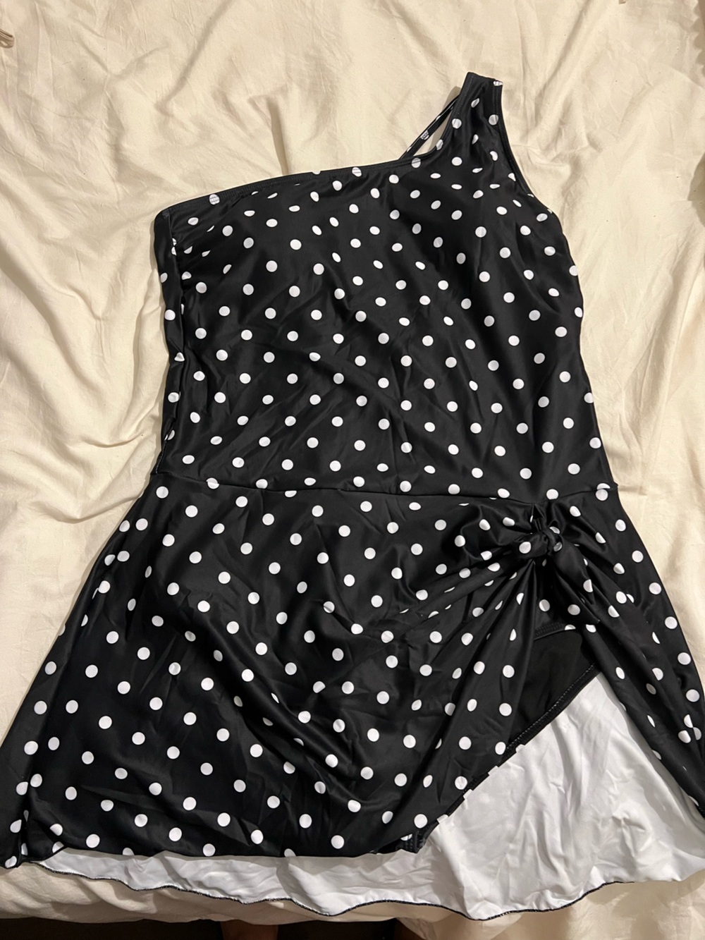 One-Shoulder Black & White Polka Dot One-Piece Swimdress